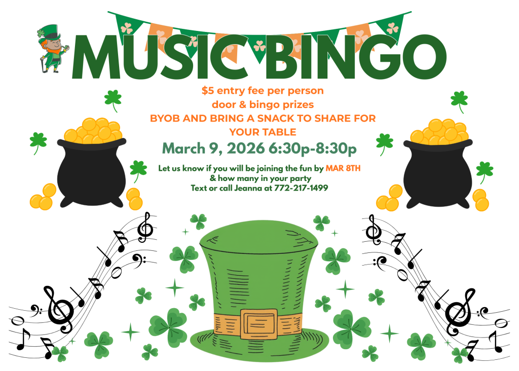 Flyer for a St. Patrick’s Day-themed Music Bingo event on March 9, 2026, with cauldrons of gold, musical notes, a green leprechaun hat, and a $5 entry fee. Contact info and RSVP details included.