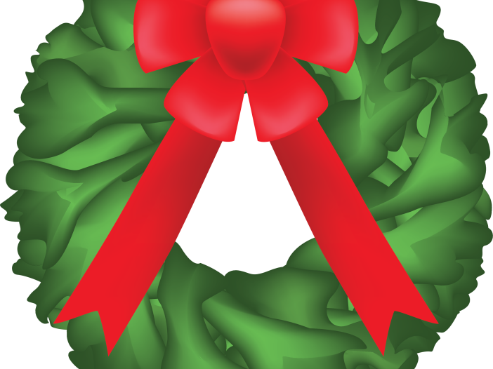 A green holiday wreath decorated with a large red bow at the top center.