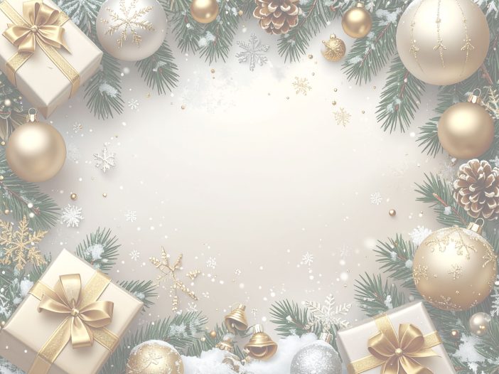 Gold and white Christmas ornaments, pine branches, pinecones, and gift boxes with gold ribbons form a festive border around a blank, softly glowing center space with subtle snowflakes.