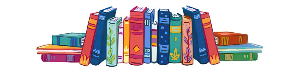Colorful illustrated books lined up with decorative spines and playful designs on a white background.