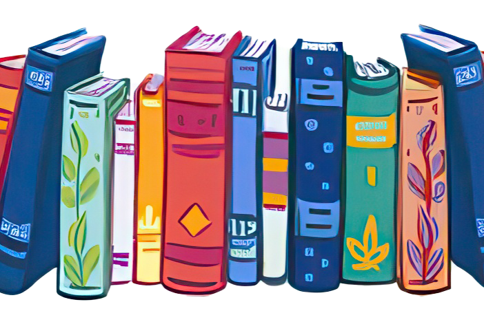Colorful illustrated books lined up with decorative spines and playful designs on a white background.