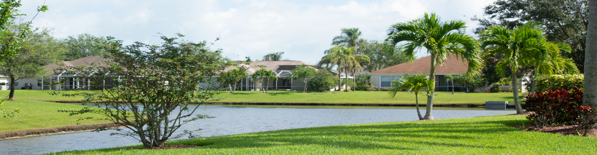 A tranquil suburban scene with a grassy lawn leading to a small lake. Several houses with screened porches are visible across the water. Palm trees and other greenery surround the area, creating a peaceful and lush environment.